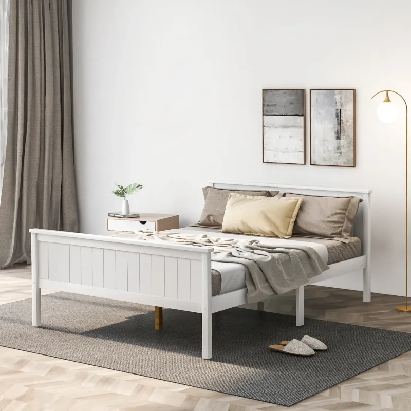 Pine and MDF Bed Frame, Double, in Ivory, with Headboard and Footboard