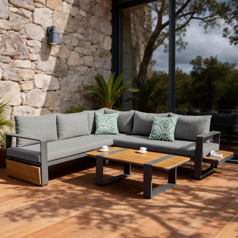 Arvia Aluminium Corner Sofa Set with Integrated Side Shelves & Coffee Table