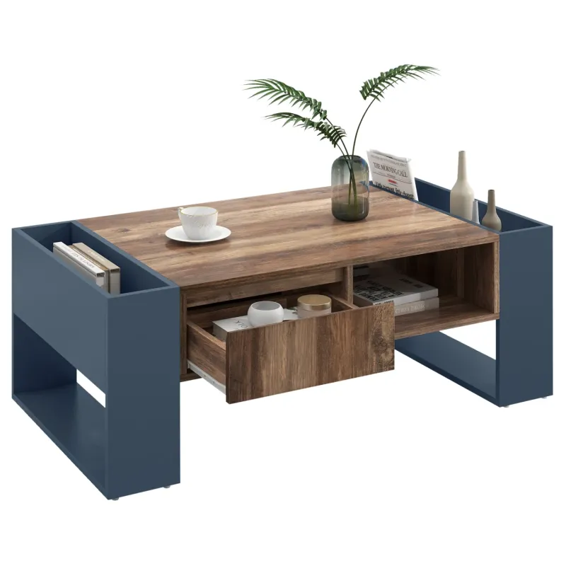 Modern Wood Grain Coffee Table with Recessed Drawer and Multi-Sided Storage