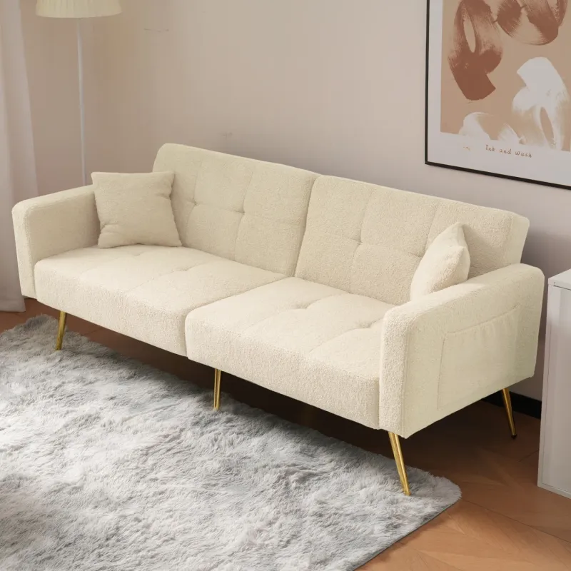 2-Seater Sherpa Fabric Sofa Bed with Gold Legs and Side Pockets - Beige