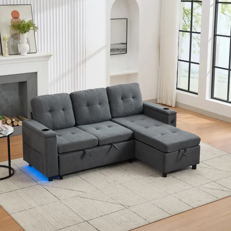 3-Seater L-Shaped Corner Sofa Bed with Storage, USB Charging and LED Lighting - Grey