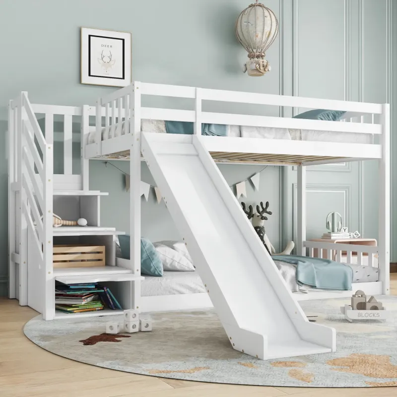 Solid Pine Wood Single Bunk Bed with Storage Stairs and Slide - White