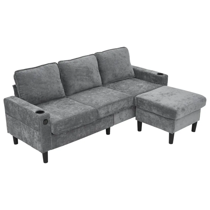 Grey 4-Seater L-Shaped Corner Sofa with USB Charging, Cup Holders & Reversible Chaise
