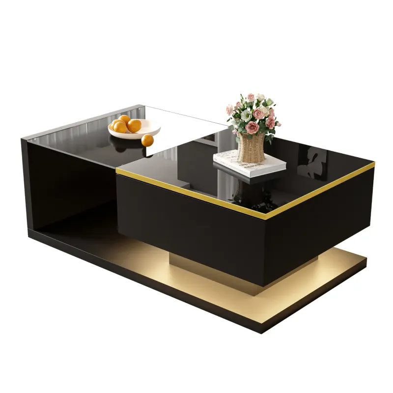 Modern High-Gloss Black Coffee Table with Tempered Glass and App-Controlled LED Lights, 90cm