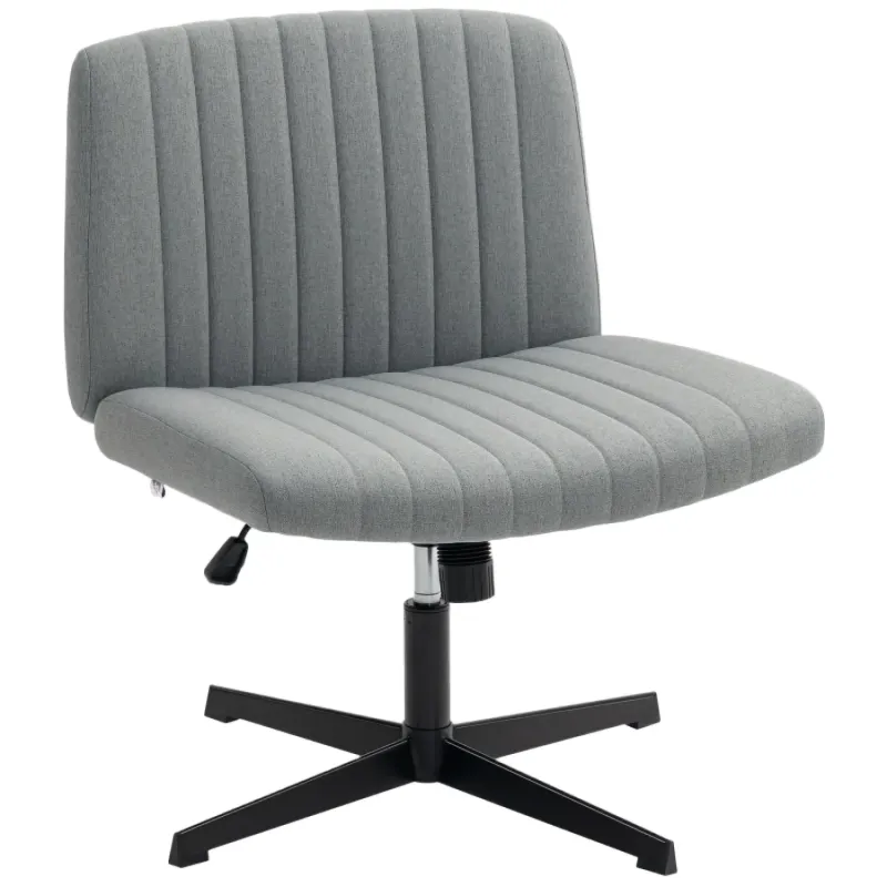 Grey Linen Armless Swivel Office Chair - Wide Cross-Legged Desk Chair with Tilt Function