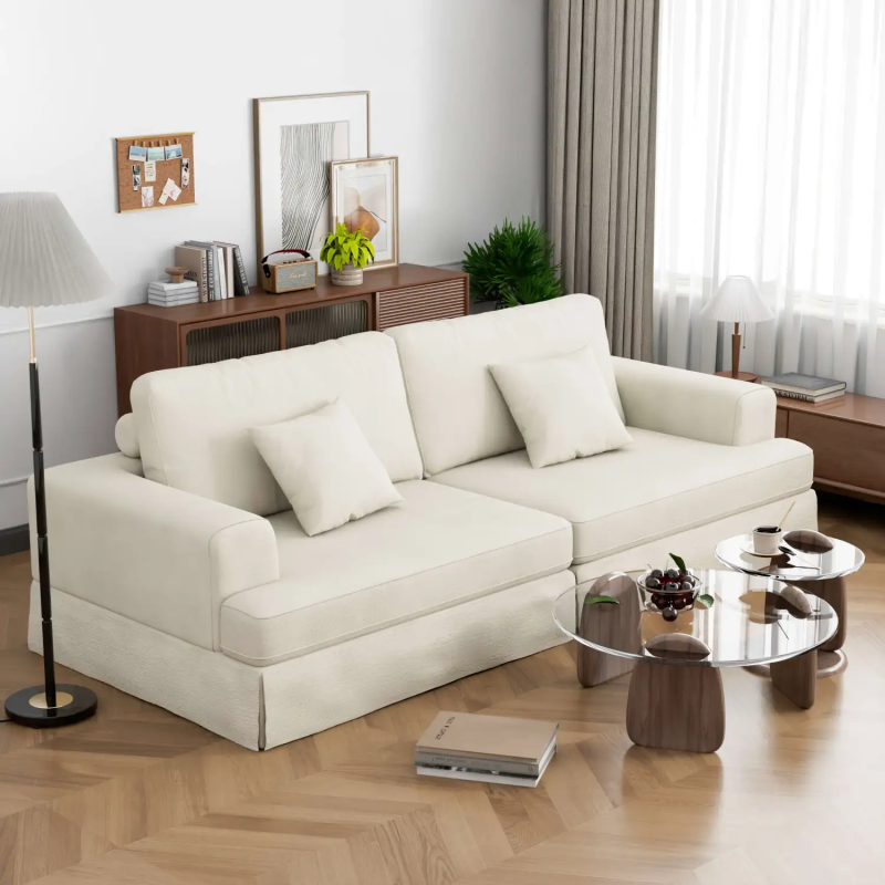 GreenForest 240cm Chenille Skirted Sofa with Square Armrests - White