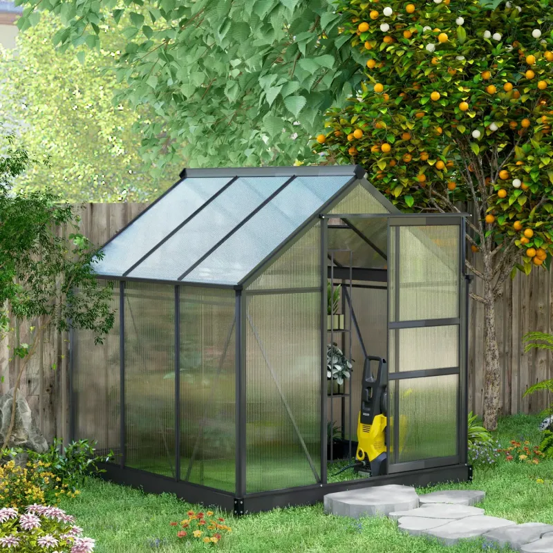  6 x 6ft Polycarbonate Greenhouse with Aluminium Frame and Foundation - Grey