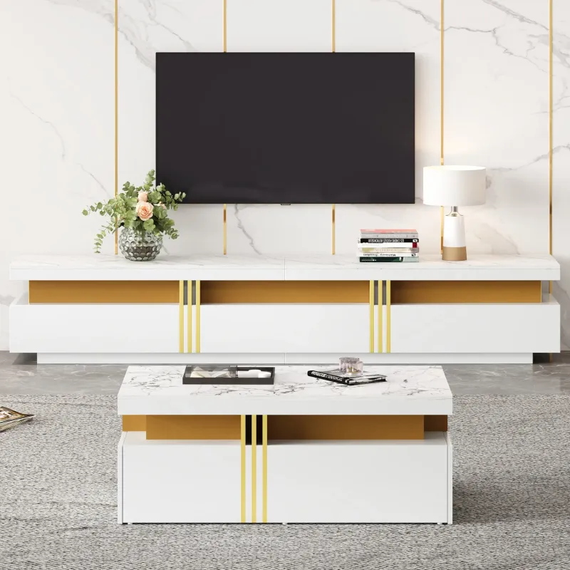 2-Piece Living Room Furniture Set: 200cm TV Stand and Matching Coffee Table - White & Faux Marble