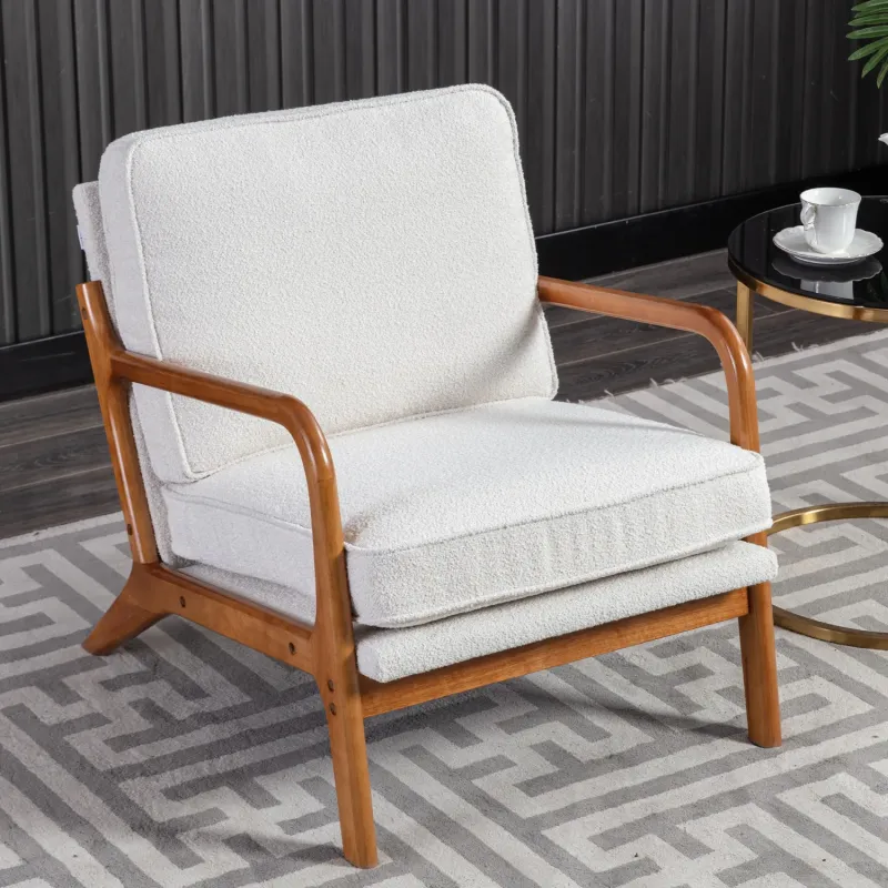 Mid-Century Modern Accent Armchair with Solid Wood Frame - Beige Boucle