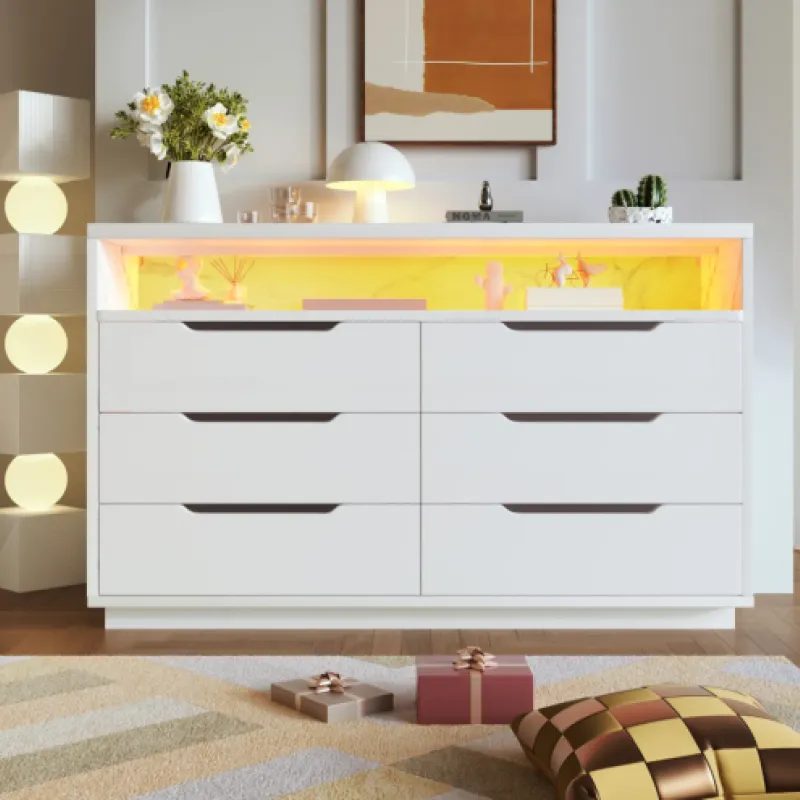 White Marble Effect 6-Drawer Sideboard with RGB LED Lighting & Open Shelf