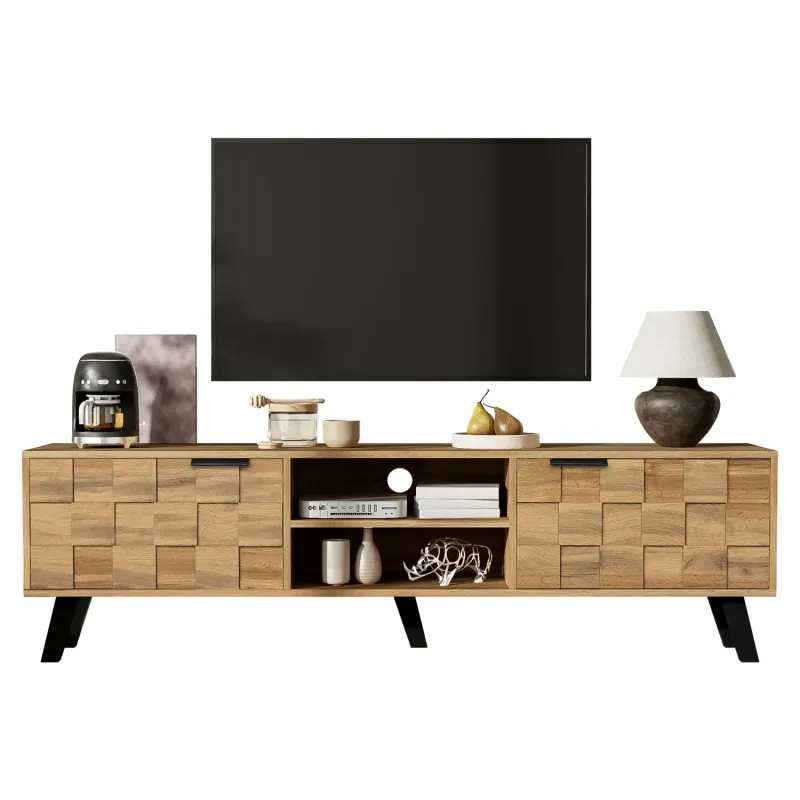 160cm Modern TV Unit with 2 Doors and Open Shelves - Wood Grain Finish