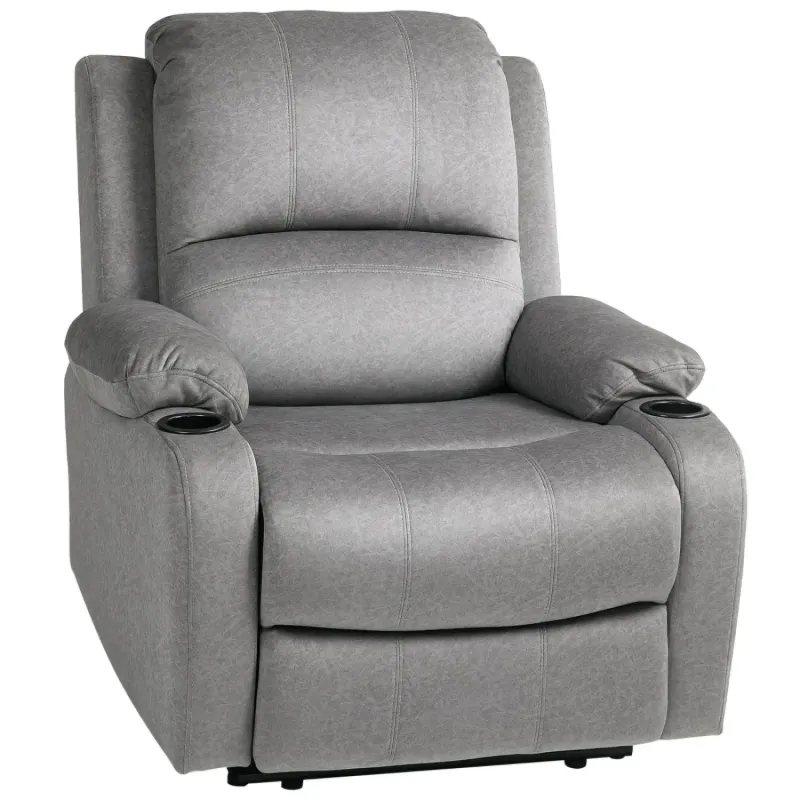 Grey Microfibre Manual Reclining Armchair with Cup Holders and Footrest