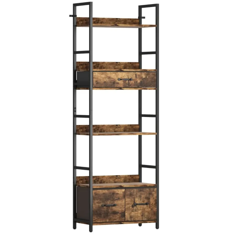  Industrial 4-Tier Bookcase with 3 Fabric Drawers - Rustic Brown & Black