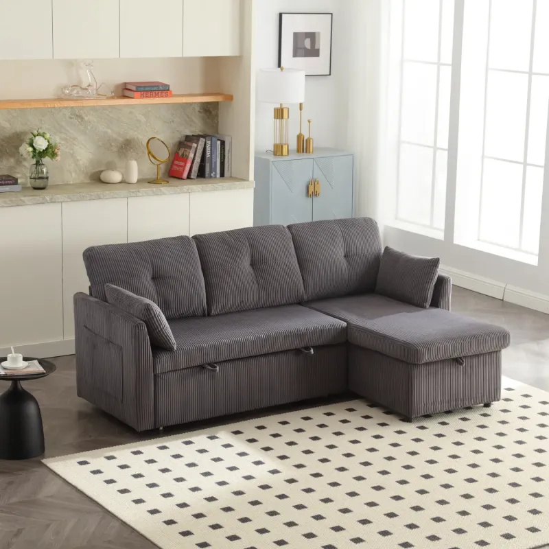 Corduroy 2 Seater L-Shape Sofa Bed in Charcoal Grey, with Reversible Storage Chaise and Pull-Out Bed