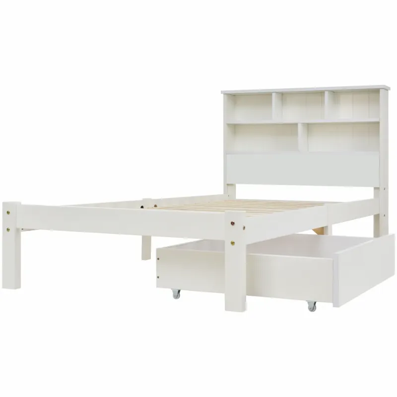 Pine and MDF Storage Bed, Single, in White, with Bookcase Headboard and Underbed Drawer