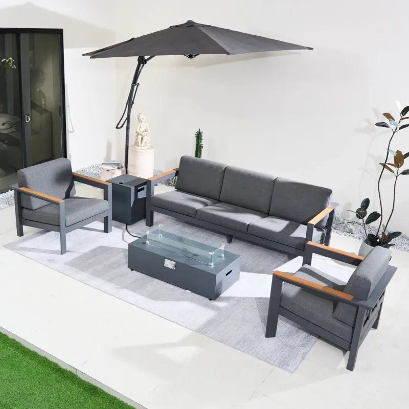 Arve 5-Seater Aluminium Garden Sofa Set with Zenith Gas Fire Pit Table