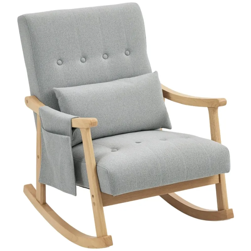  Rocking Chair with Rubberwood Frame and Side Storage Pocket - Light Grey
