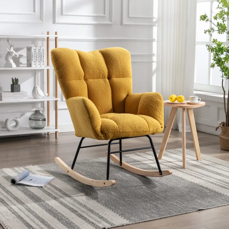 Mid-Century Modern Yellow Teddy Fabric Rocking Chair