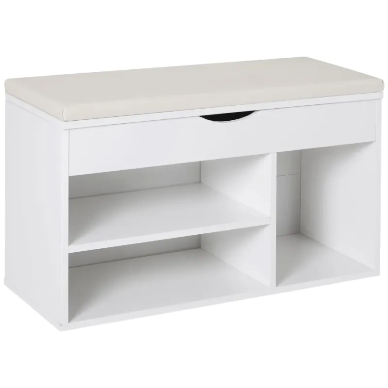 White Wooden Shoe Storage Bench with Padded Seat and Hidden Compartment