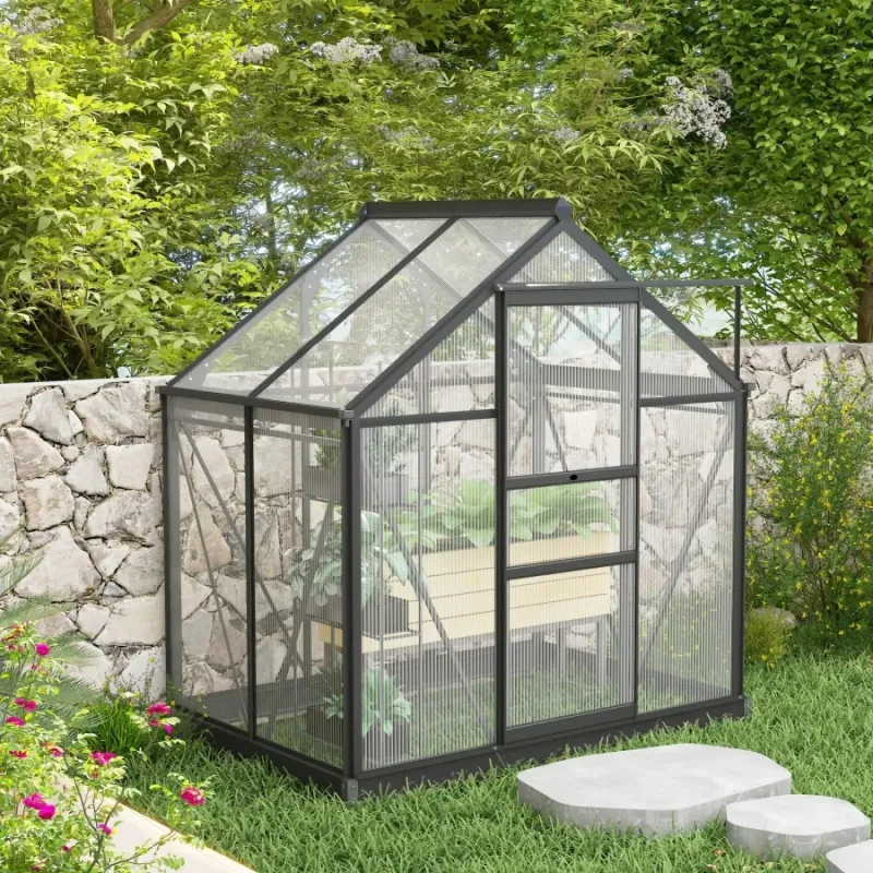 6ft x 4ft Polycarbonate Walk-In Greenhouse with Aluminium Frame & Foundation - Grey