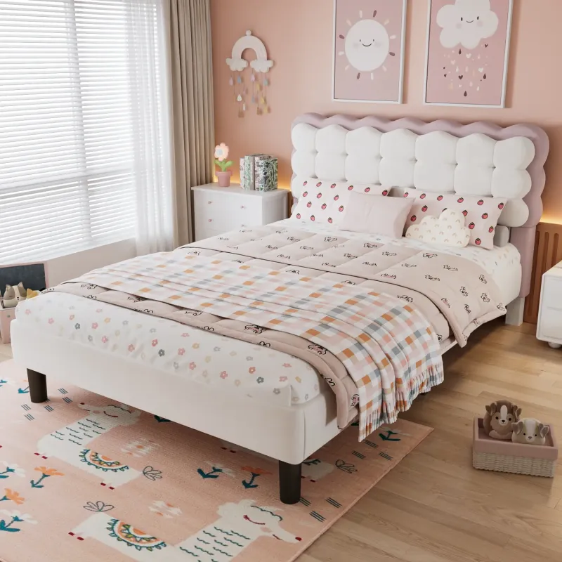 Double Upholstered Bed with Biscuit Shape Velvet Headboard in Beige and Pink