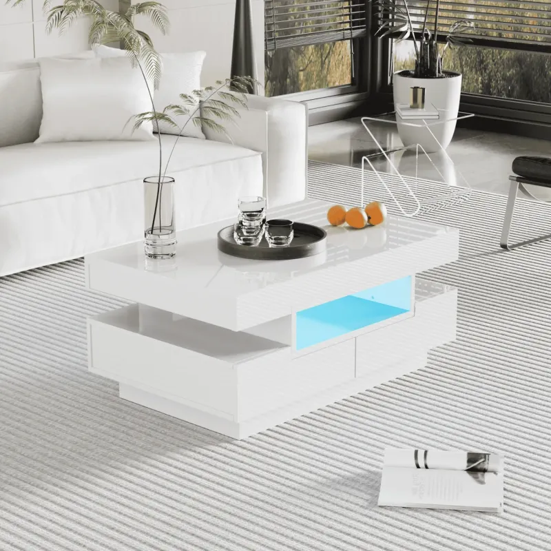 White High Gloss Coffee Table with LED Lights and 4 Storage Drawers