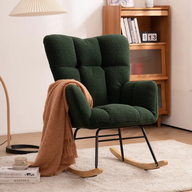 Mid-Century Modern Teddy Fabric Rocking Chair - Dark Green