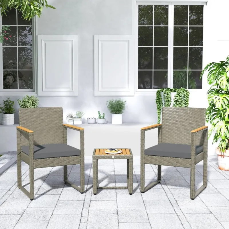 3 Piece Rattan Garden Bistro Set - Grey with Acacia Wood Detail