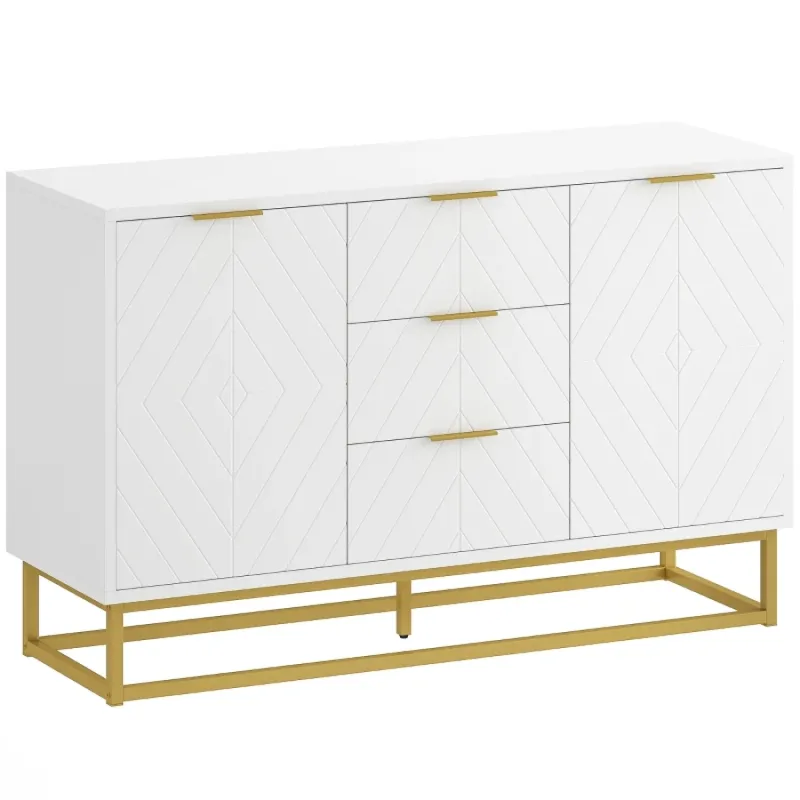  White Sideboard with 3 Drawers and 2 Cabinets with Gold-Tone Accents