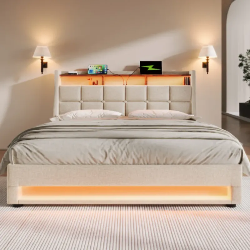 4ft6 Double Upholstered Ottoman Storage Bed with LED Headboard & USB Charging - Beige Linen