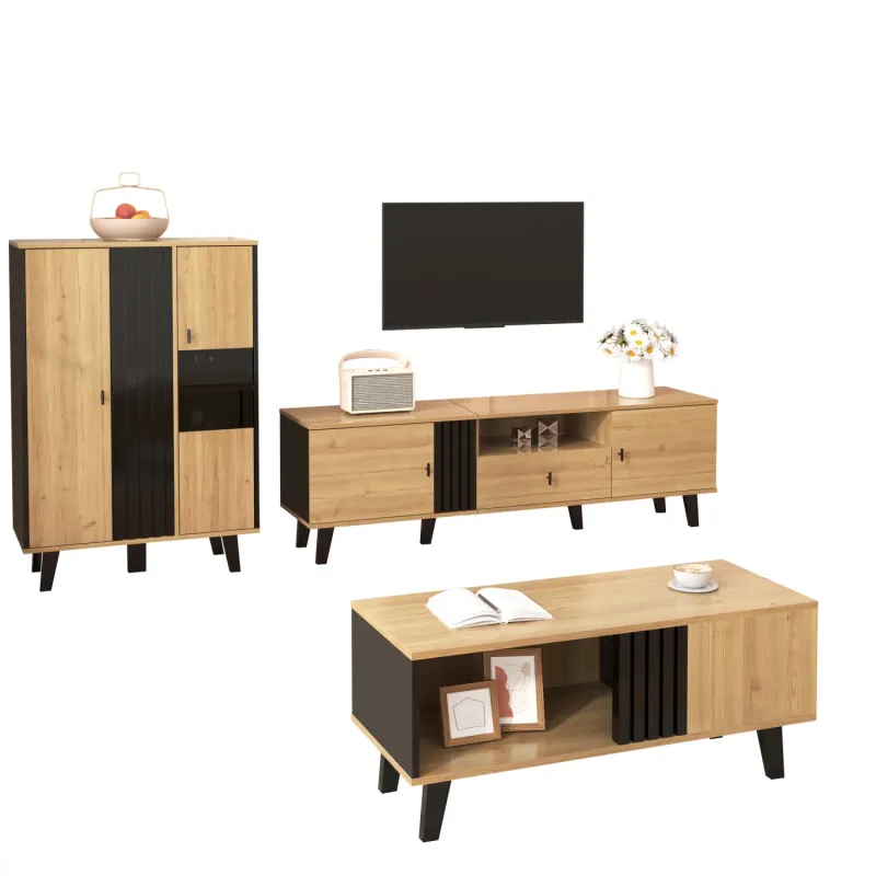 3-Piece Living Room Furniture Set - Oak and Black TV Unit, LED Sideboard & Coffee Table