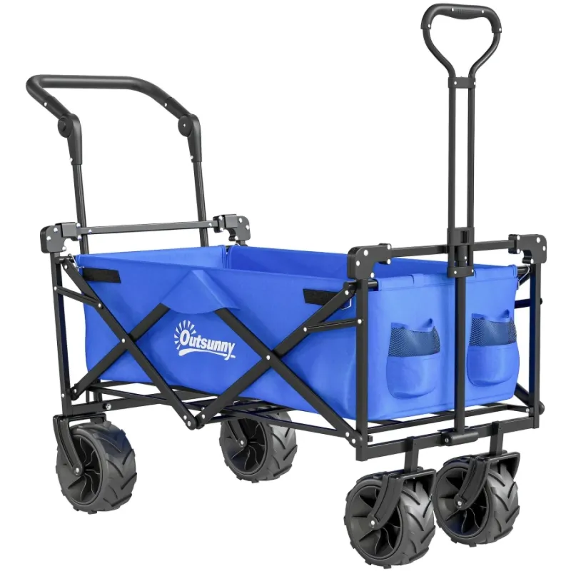 Folding Camping Wagon with Canopy and Dual Handles - Blue Festival Trolley & Beach Cart