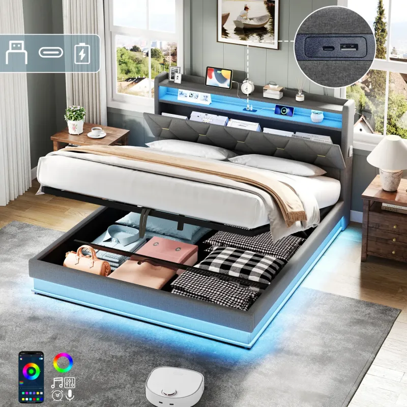 Linen Upholstered Bed, Double, in Grey, with Hydraulic Storage and LED Headboard