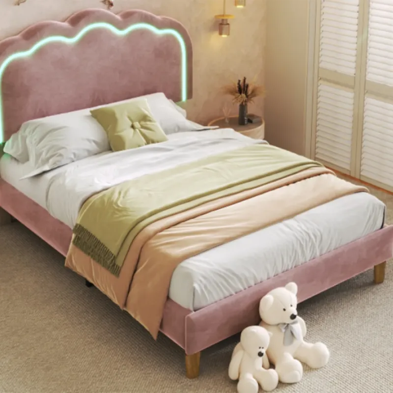 Pink Velvet 3ft Single Upholstered Bed Frame with Adjustable LED Headboard