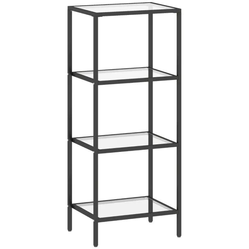 4-Tier Black Metal and Tempered Glass Shelving Unit - Slim Vertical Display Stand