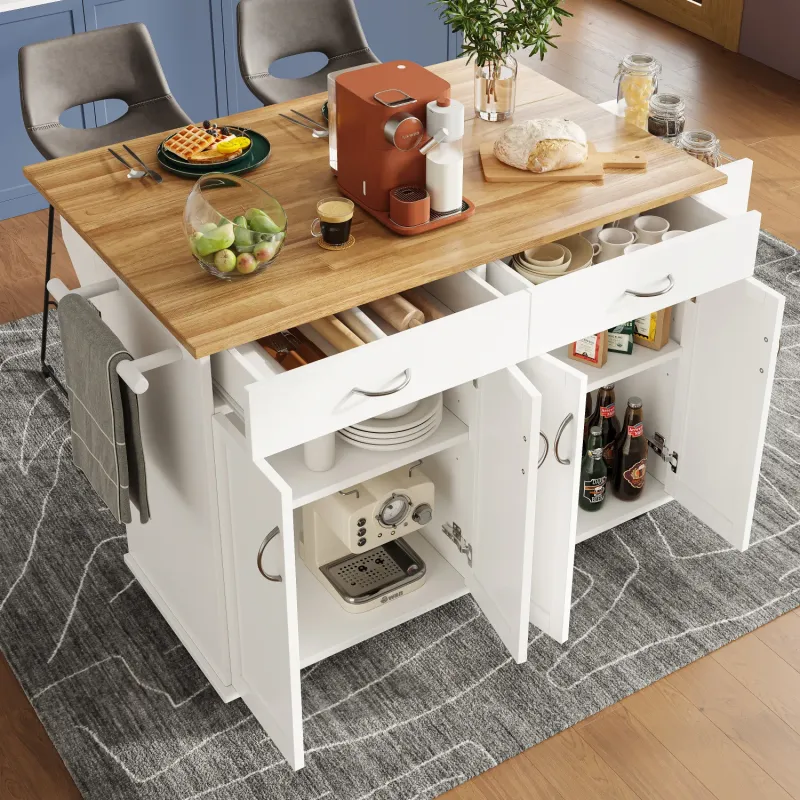 White Rolling Kitchen Island Storage Trolley with Drop-Leaf Breakfast Bar
