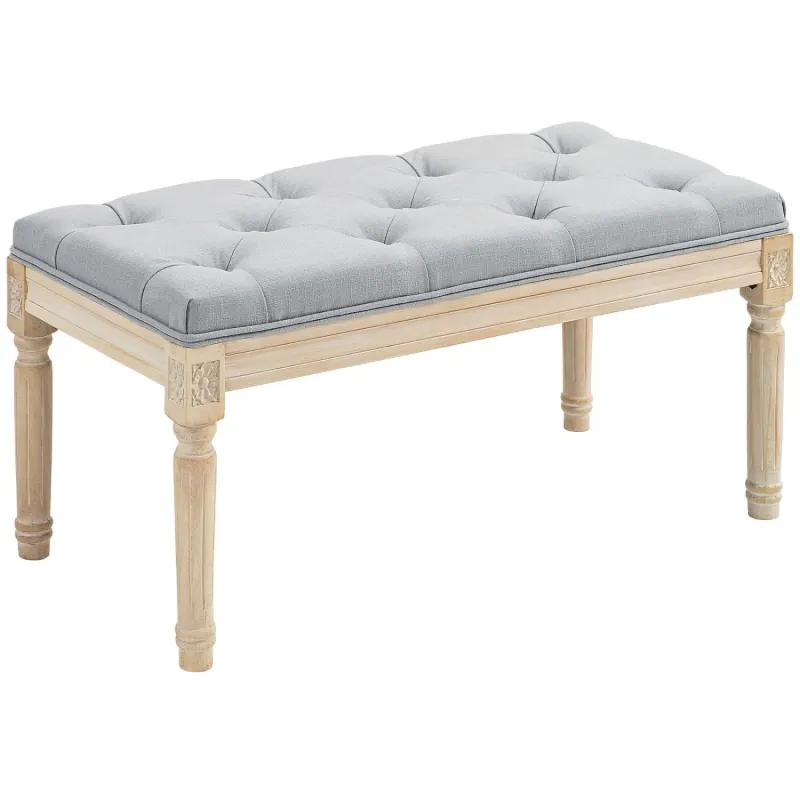 Vintage Button-Tufted Wooden Bed End Bench - Light Grey