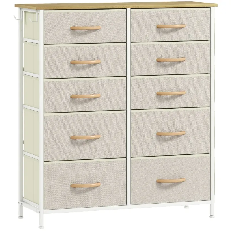 10-Drawer Fabric Chest of Drawers with Side Pockets and Steel Frame - Beige