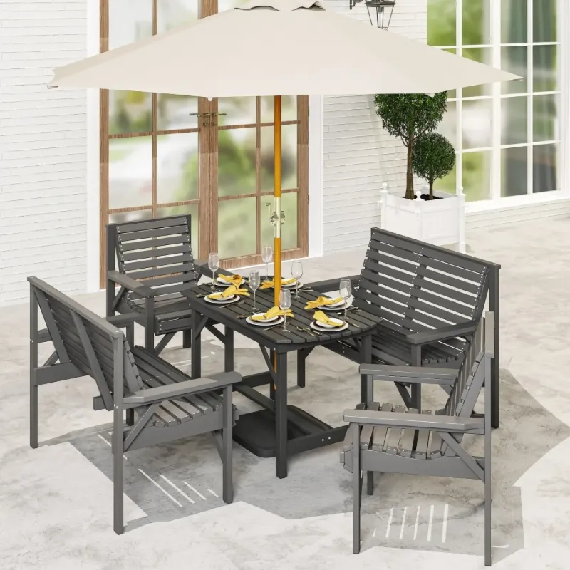 5-Piece 6-Seater Fir Wood Garden Dining Set with Parasol Hole - Grey