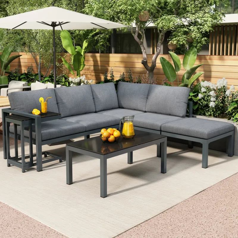 5-Piece Grey Outdoor Corner Sofa Set with Coffee Table & Side Table