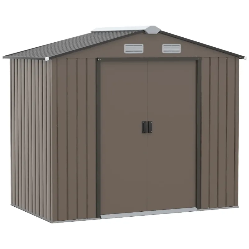 7 x 4ft Galvanised Steel Metal Garden Shed with Foundation Kit and Sliding Doors - Brown