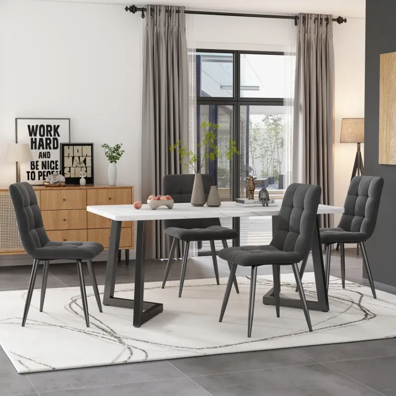 117cm Marble Effect Rectangular Dining Table and 4 Dark Grey Velvet Chairs Set
