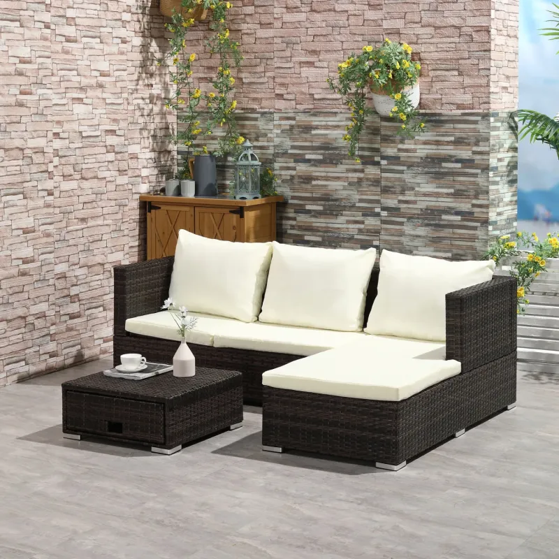  4 Seater Rattan Garden Corner Sofa Set with Reclining Lounger and Storage Table - Brown