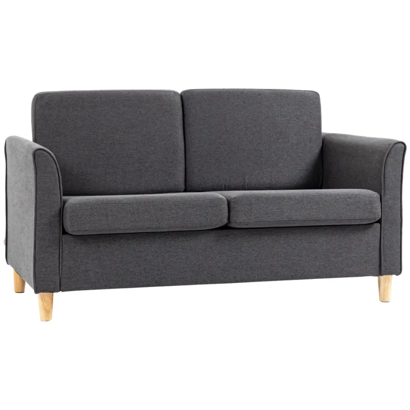  2-Seater Compact Loveseat Sofa with Linen-Look Fabric and Wooden Legs - Dark Grey