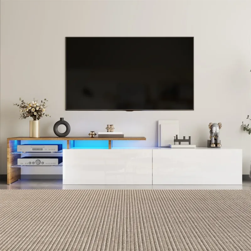 170cm Modern TV Stand with 16-Colour LED Lights - High Gloss White & Wood Effect