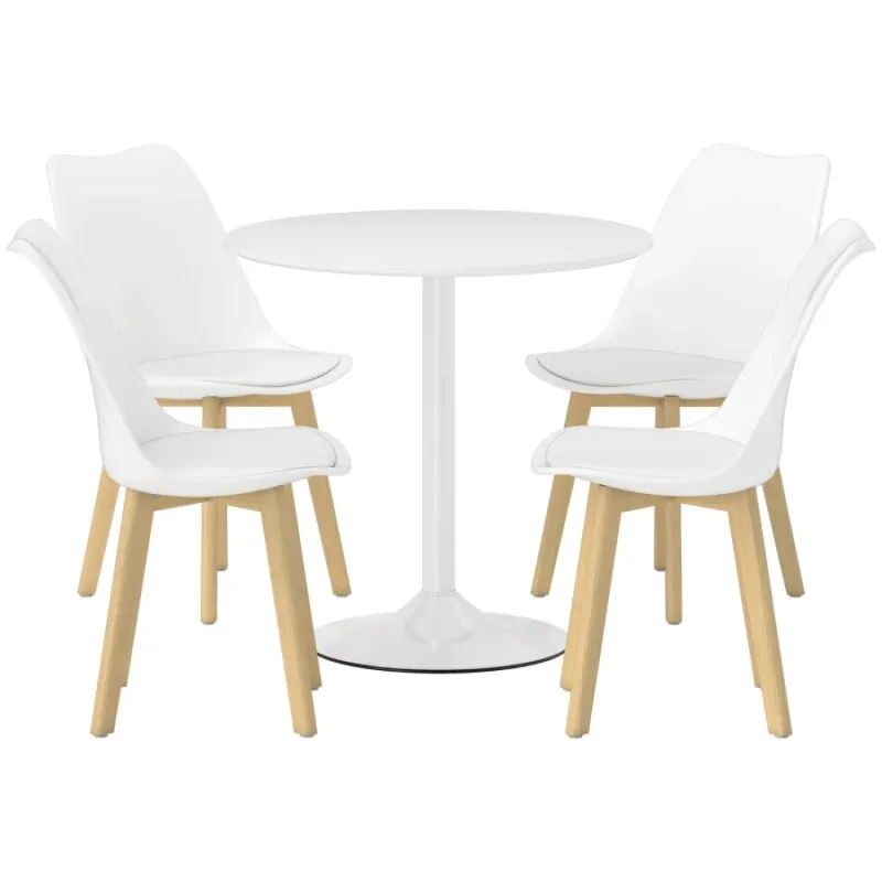 Modern 5-Piece Round Dining Set with 4 Padded Chairs - White