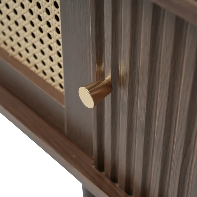 180cm Oval TV Stand in Dark Oak with Rattan Drawer and Sliding Doors