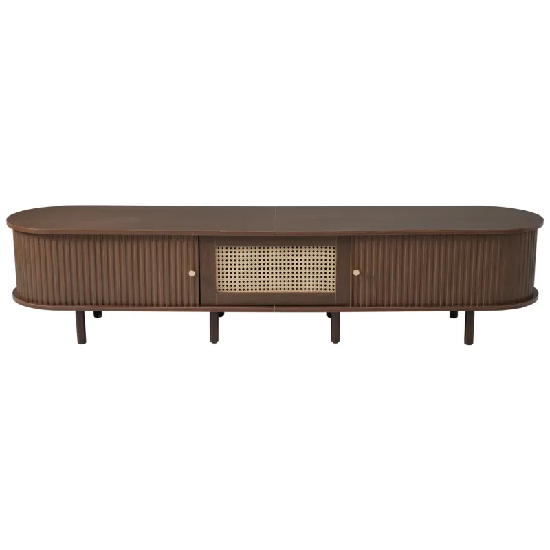 MDF TV Stand, 180cm, in Dark Oak, with Rattan Drawer and Sliding Doors