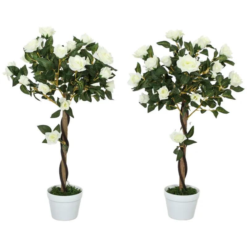  Set of 2 White Artificial Rose Trees - 90cm Faux Potted Plants