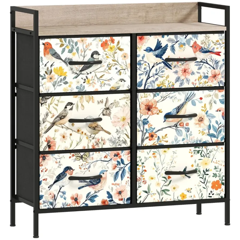 6-Drawer Fabric Chest of Drawers with Patterned Fronts & Wood-Effect Top - White